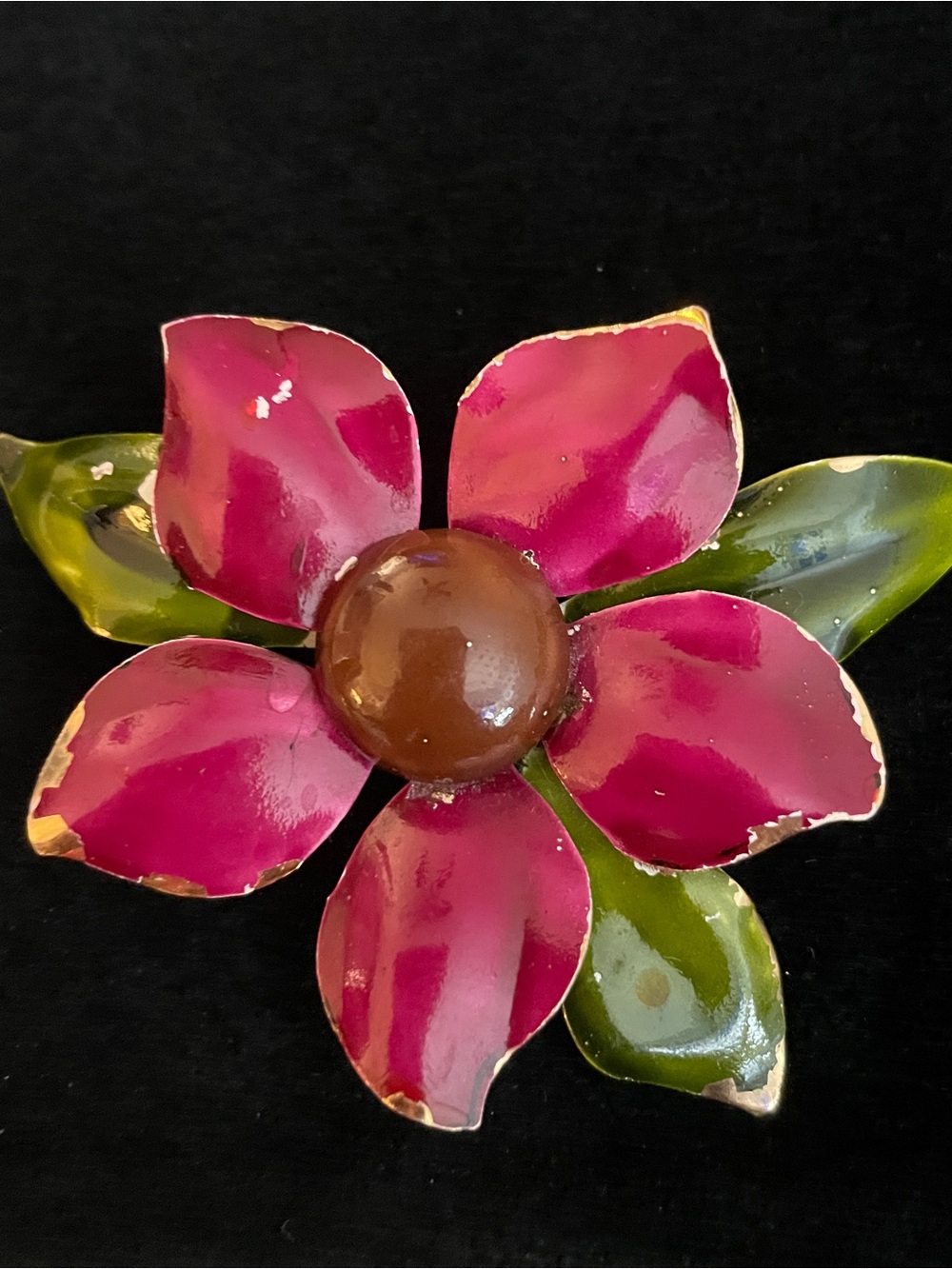 Vintage Pink Enamel Flower Brooch with Green Leaves
